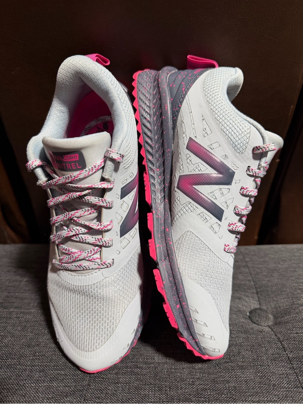 New Balance Women's Light Gray and Pink Trail Running Sneakers - Picture 6 of 10